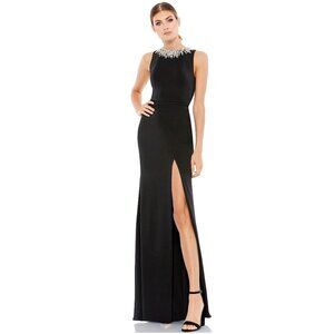 FLAW - NWT Mac Duggal Sleeveless Rhinestone Collar Column Gown 0 Black #9505